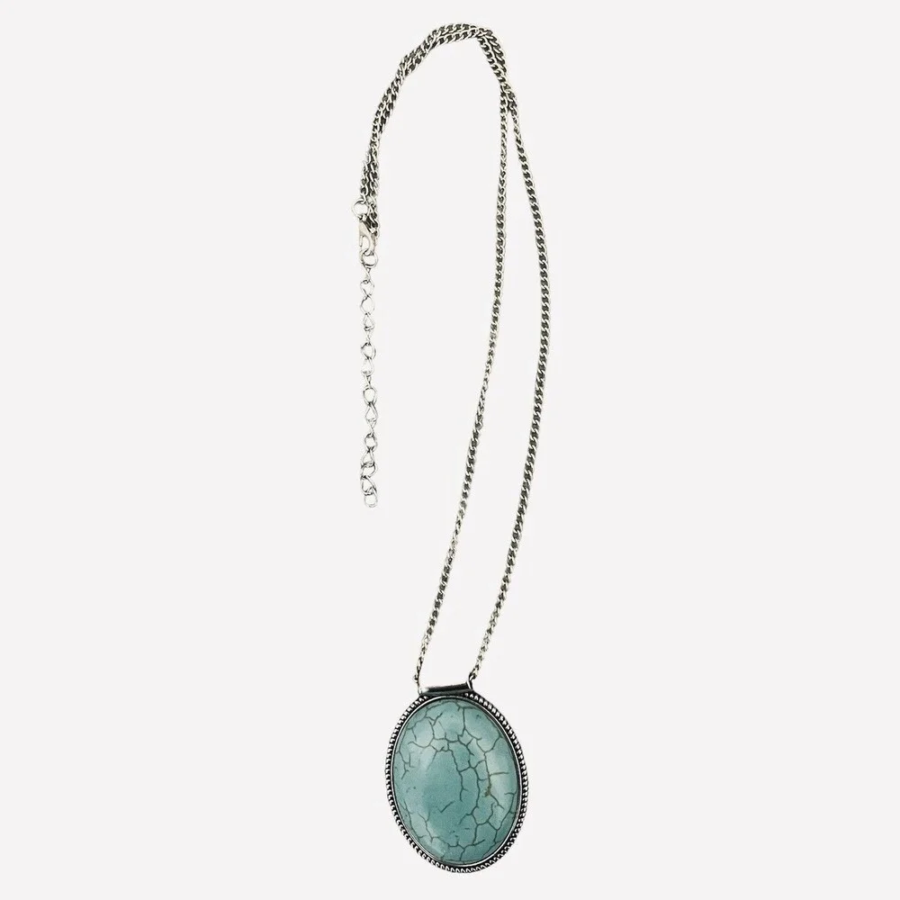 Turquoise Colored Stone Pendant 1.625 in Necklace‎ Silvertone Box Chain 20-22 in